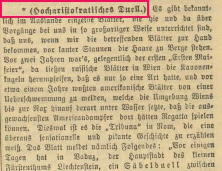 Screenshot of the Vienna newspaper denying the story of the duel.