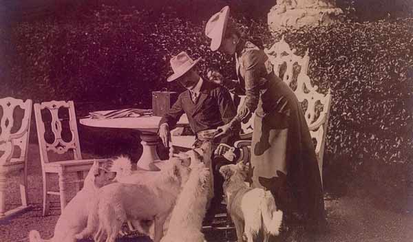 Stéphanie and her second husband, Count Elmer Lonyay. Elmer is sitting in the garden with Stéphanie standing beside him, surrounded by at least four white dogs.