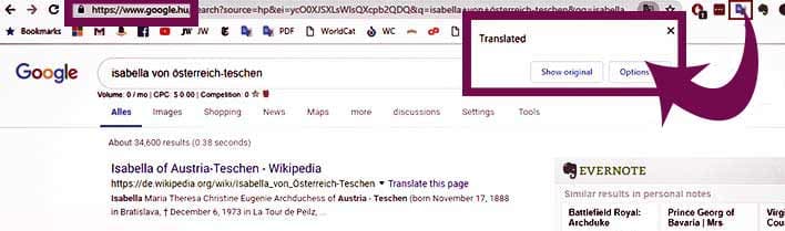 Screenshot showing the Google Translate Chrome extension in action, translating search results on google.hu.