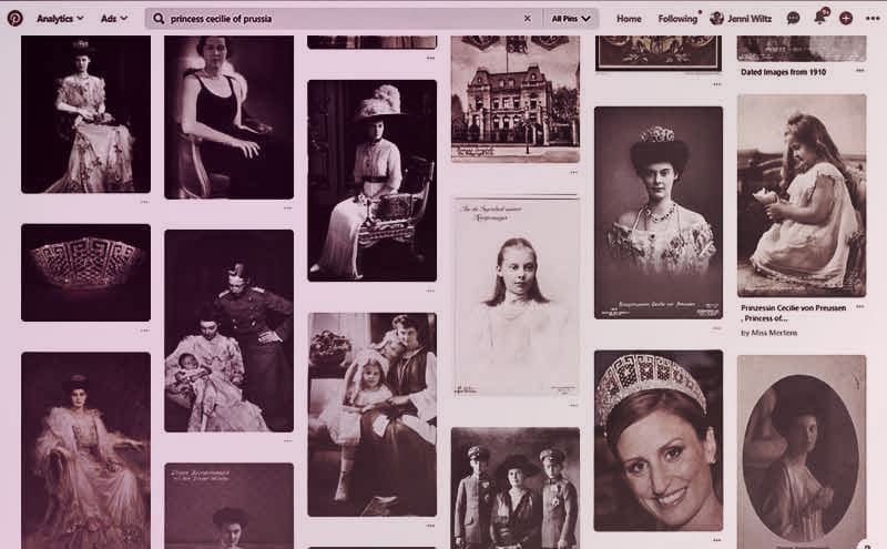 Screenshot showing sample search results on Pinterest - a seemingly endless selection of photos of the search subject, Crown Princess Cecilie of Prussia.