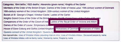 Screenshot showing Wikimedia Commons catagories listed at the foot of Princess Alexandra of Denmark's page