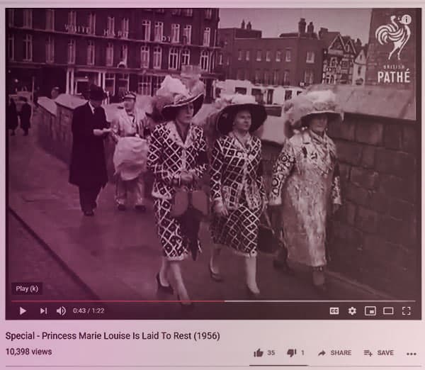 Screenshot of a Pathe newsreel showing women in sequined suits on their way to Princess Marie Louise's funeral in 1956.