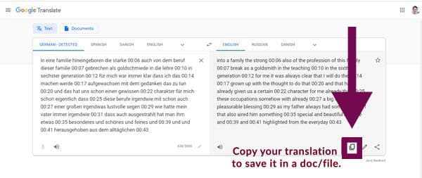 Screenshot of Google Translate with the copied German-language video transcript on the left and the English translation on the right, with the 'copy' icon highlighted as a reminder to use it to copy your translated text if you want to save it. That's how to translate a foreign language video transcript the easy way.