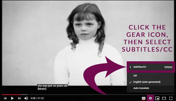 Screenshot of a video with the Settings menu visible and the Subtitles/CC option highlighted.