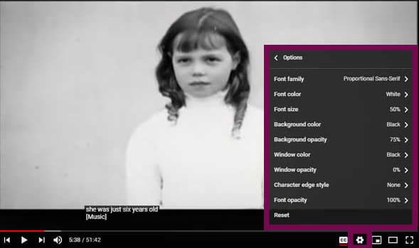 Screenshot of a video with the settings for captions displayed, including front size, color, background color, background opacity, and more.