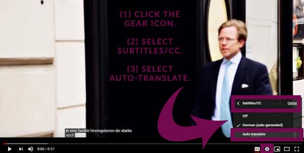 Screenshot of the same video with the caption settings men displayed and the auto-translate option highlighted. That's how to translate a foreign language video on YouTube the easy way.