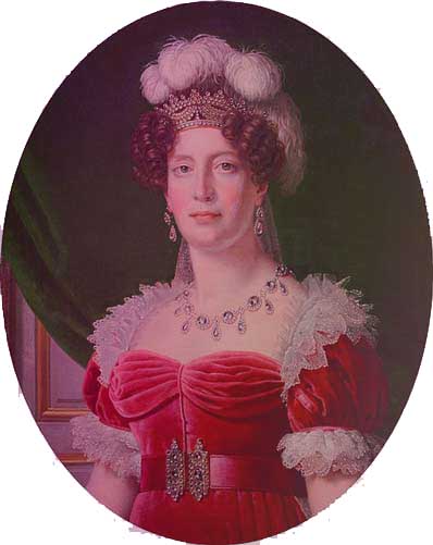 A portrait of Marie Therese of France, later the Duchess of Angouleme. She's wearing a diamond tiara low on her forehead, a wide diamond necklace, and a diamond clasp on the belt of her high-waisted red velvet dress.