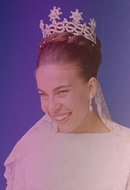 Princess Claude of Orleans wearing the Aosta knots and stars tiara on her wedding day.