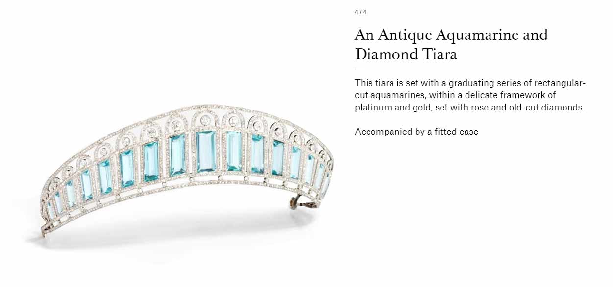 A screenshot of the Russian aquamarine tiara, as part of a Christie's exhibition in 2017.