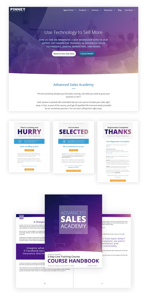 Compilation image showing the landing page for the Advanced Sales academy, three emails sent to interested parties, and the course handbook.