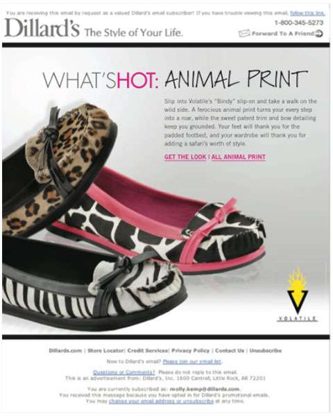 Screenshot of a Dillard's email advertising "What's Hot: Animal Print"
