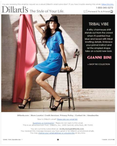 Screenshot of a Dillard's email advertising a designer dress with the headline "Tribal Vibe."