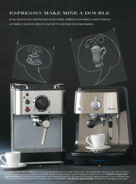 Catalog page featuring copy I wrote, showing two espresso machines and the headline, "Espresso: Make Mine a Double"