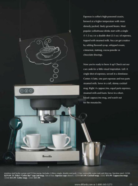 Catalog page I wrote, showing an espresso maker and related content