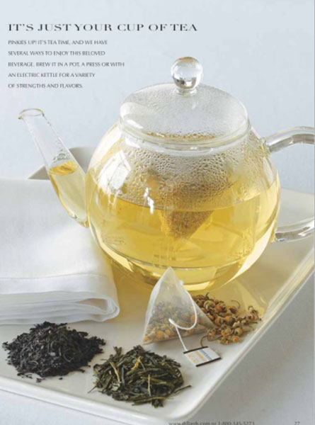 Catalog page with copy I wrote, showing a teapot and loose tea
