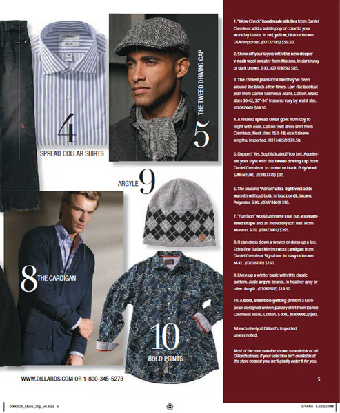 Catalog page featuring copy I wrote with men's fall accessories and clothing