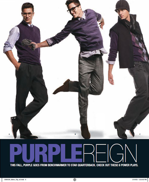 Catalog page I wrote featuring men's purple-themed fall clothing with the headline "Purple Reign"