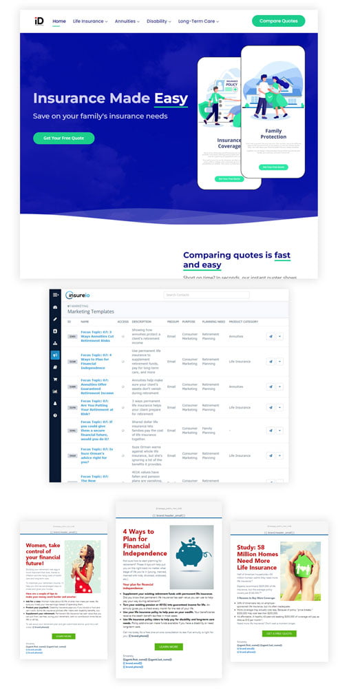 Compilation of screenshots of InsuranceDivision.com's homepage, the Insureio CRM with marketing email templates listed, and screenshots of three of the emails from the CRM.