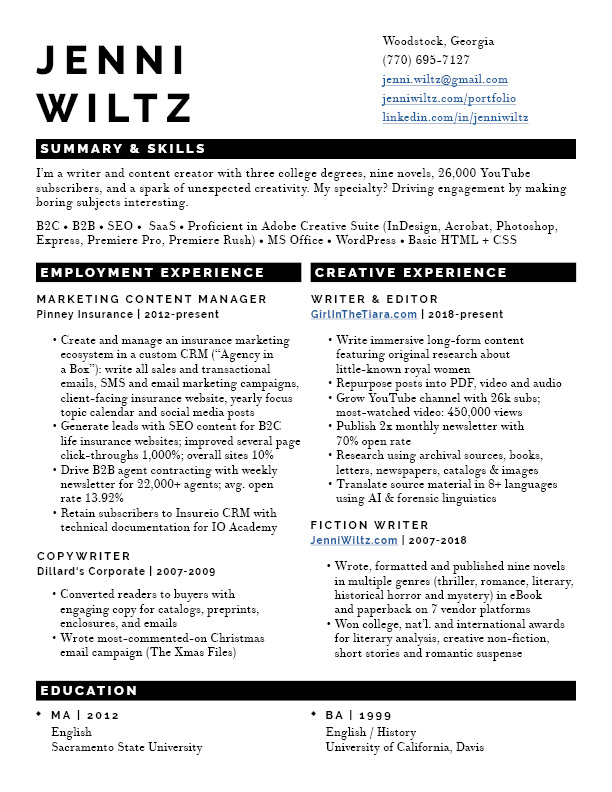 Screenshot of Jenni Wiltz's resume