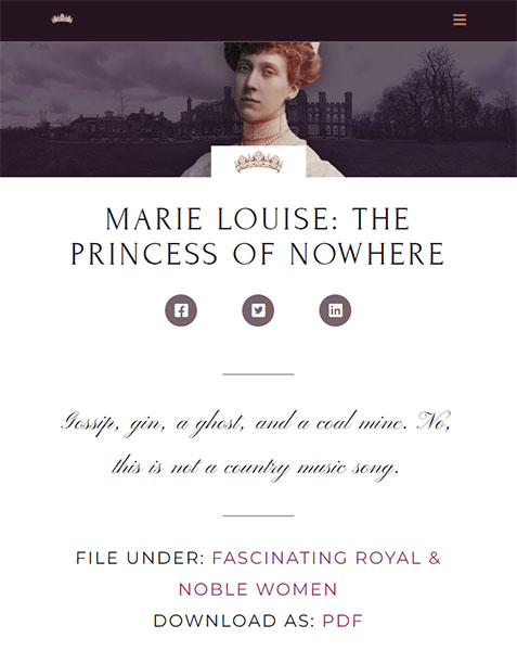 Screenshot of a blog post on GirlInTheTiara.com titled "Marie Louise: The Princess of Nowhere."
