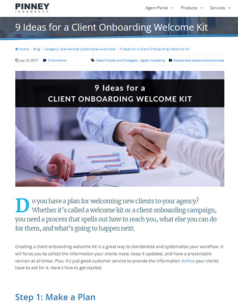 Screenshot of a blog post on the PInney Insurance site titled "9 Ideas for a Client Onboarding Welcome Kit"