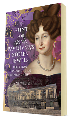 Book cover showing Anna Pavlovna wearing a pearl necklace and the palace from which her jewels were stolen