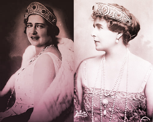Composite image showing (on the left) Queen Marie of Yugoslavia, and (on the right) her mother, Queen Marie of Romania, both wearing kokoshnik tiaras.