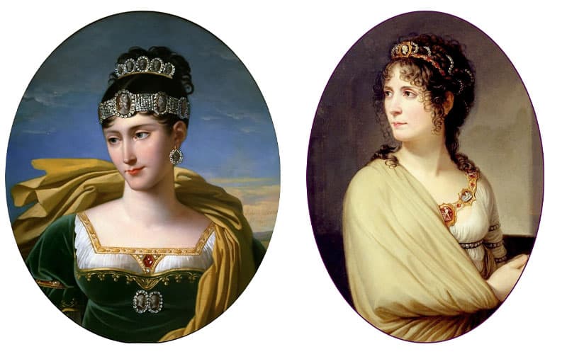 Two portraits. One the left is Pauline Bonaparte, dressed in green velvet with a diamond brooch, diamond tiara, diamond earrings, and diamond comb in her hair. On the right is Empress Josephine, dressed in a simple white gown and shawl.