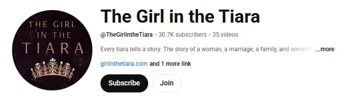 Screenshot of The Girl in the Tiara YouTube channel's page header.