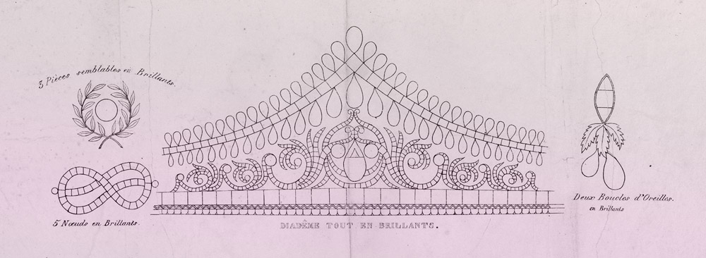 Pen and ink sketch of a tall diamond tiara, diamond teardrop earrings, a diamond buckle in the shape of a figure-eight, and a jewel featuring a pearl surrounded by laurel leaves.