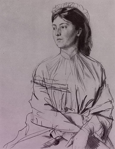 Sketch of a Victorian woman wearing a high-necked dress, facing her right, away from the artist.