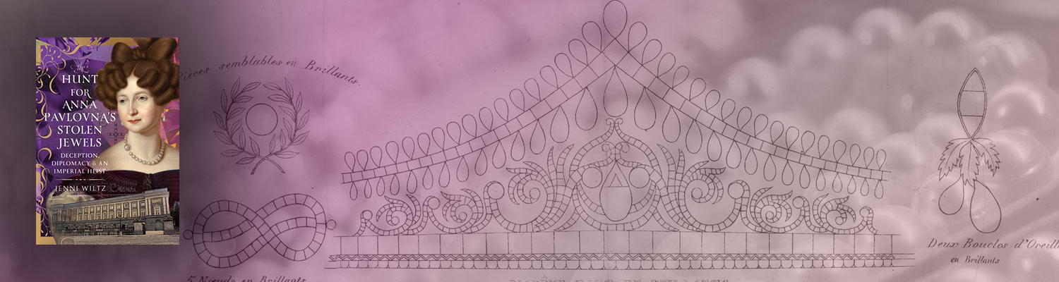 Composite image with pearls in the background, a sketch of a diamond tiara, and the book cover for The Hunt for Anna Pavlovna's Stolen Jewels